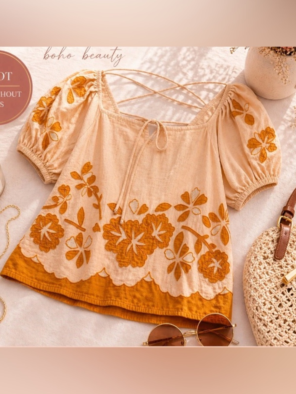 Madewell Peach Blouse with Golden Amber Floral Embroidery
